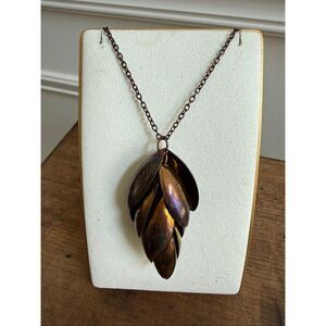 Unsigned Cooper Brass Oxidized Pinecone Flower Drop Necklace 36”